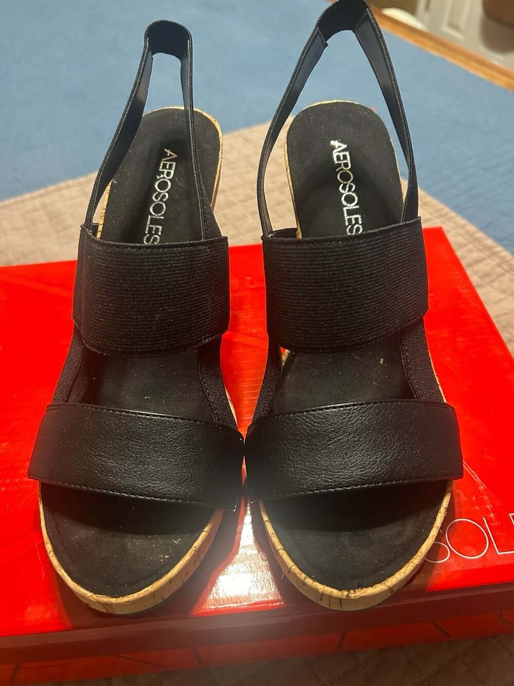 Aerosoles Magnolia Plush Black Wedge Sandals Size 7.5M
